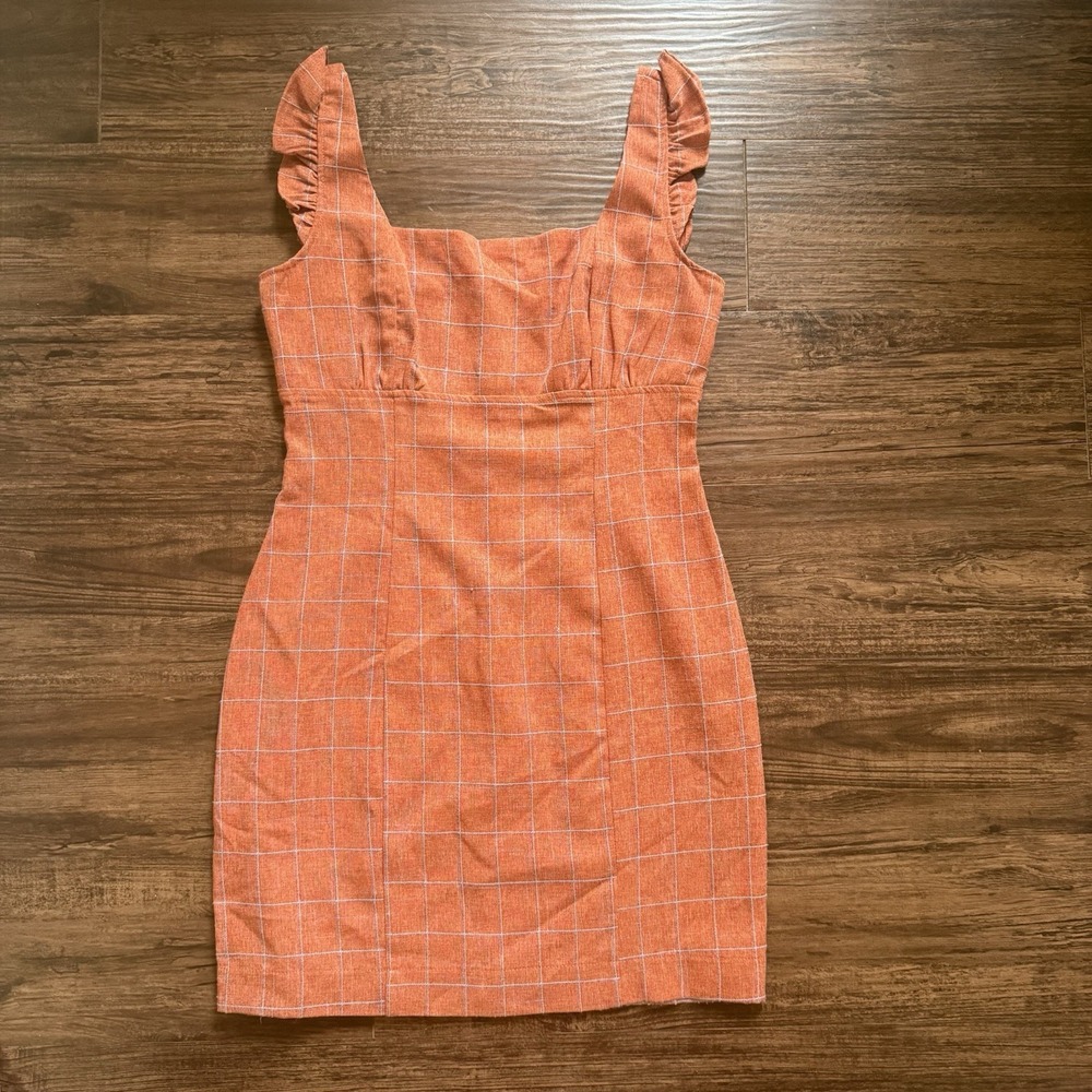 Allison & Kelly Orange Plaid Mini Dress Size S Ruffle Square Neck Tweed Vibe